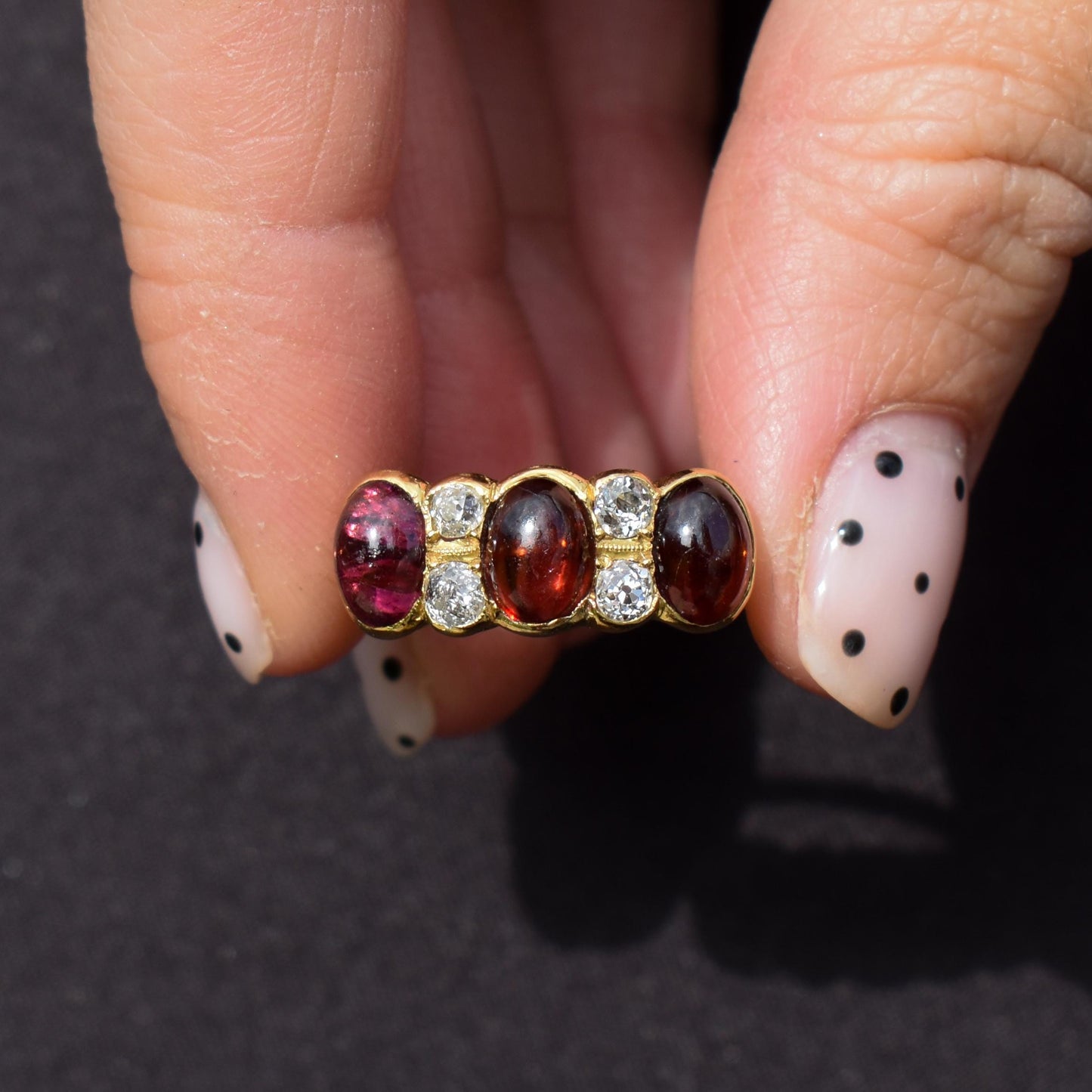 Antique Cabochon Garnet and Diamond 18ct Gold Scroll Ring