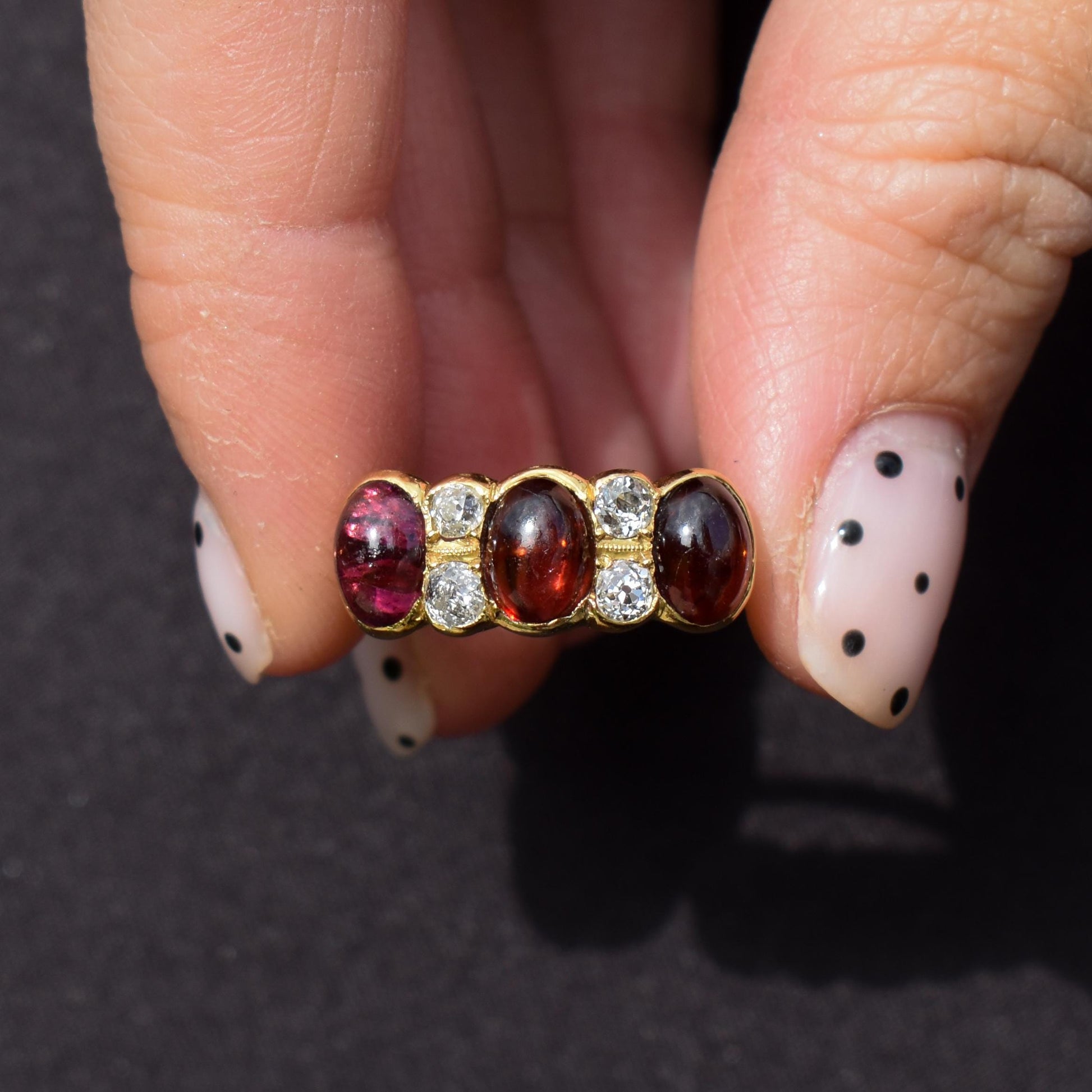 Antique Cabochon Garnet and Diamond 18ct Gold Scroll Ring