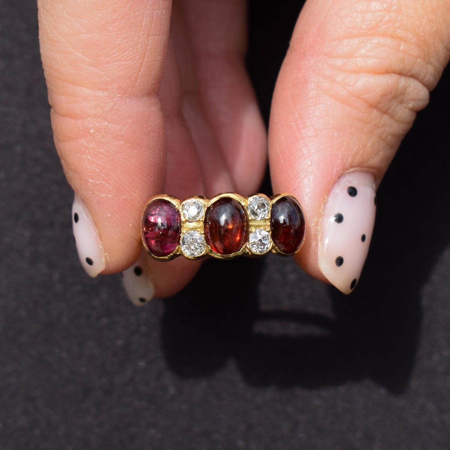 Antique Cabochon Garnet and Diamond 18ct Gold Scroll Ring