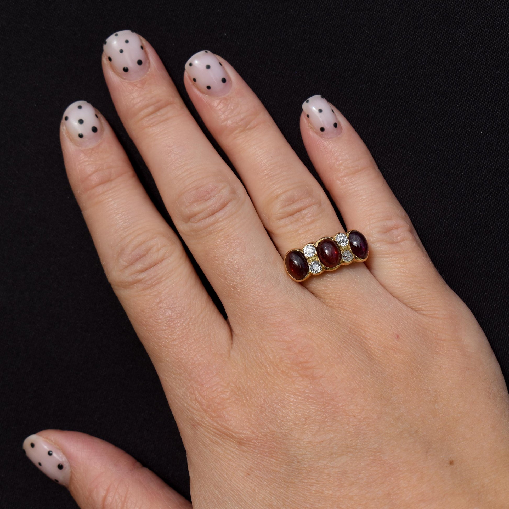 Antique Cabochon Garnet and Diamond 18ct Gold Scroll Ring