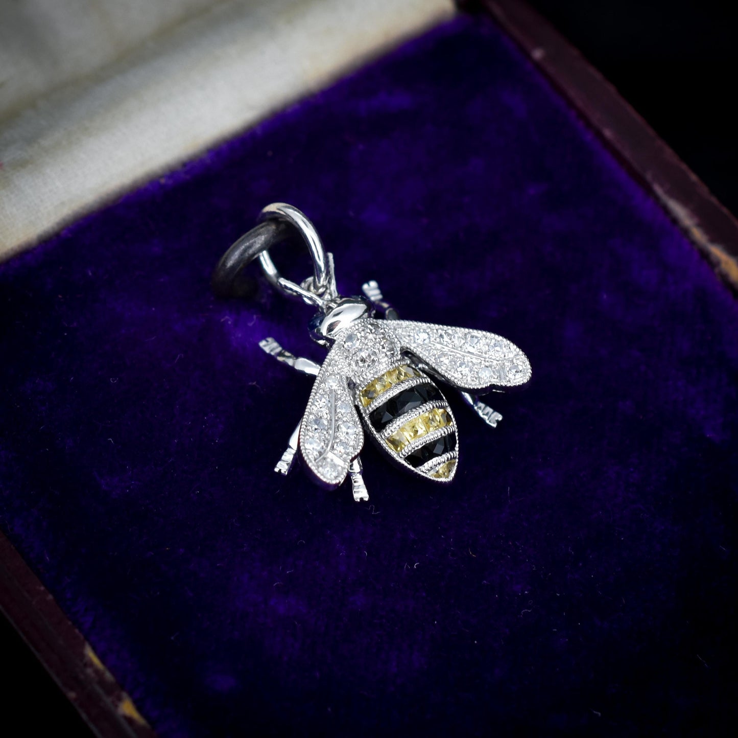 Yellow Sapphire Onyx and Diamond Platinum Insect Bee Pendant