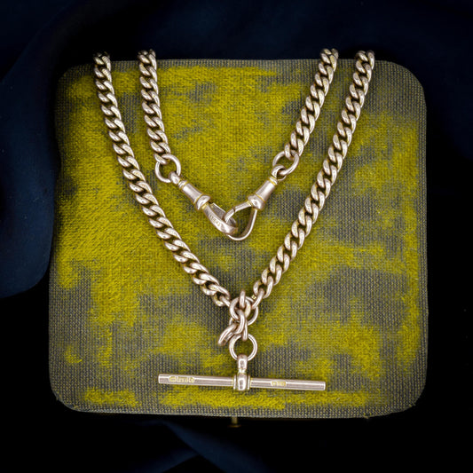 Antique 9ct Gold Double Dog Clip Curb Link Albert Chain Necklace 15.25"