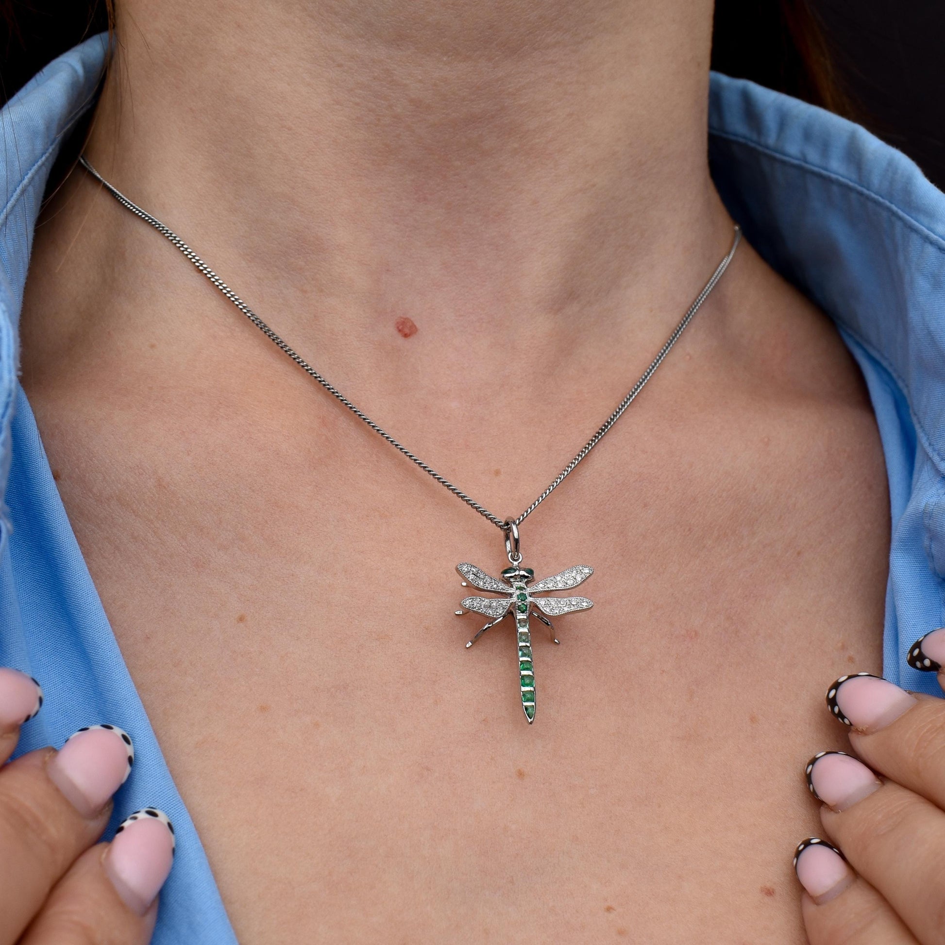 Emerald and Diamond Platinum Dragonfly Insect Pendant