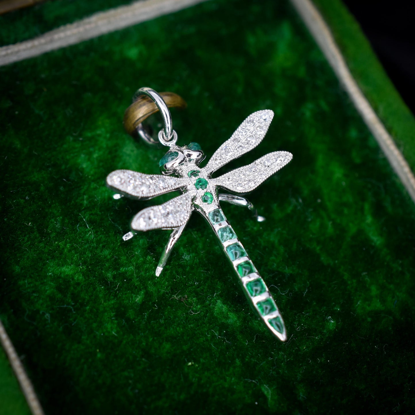 Emerald and Diamond Platinum Dragonfly Insect Pendant