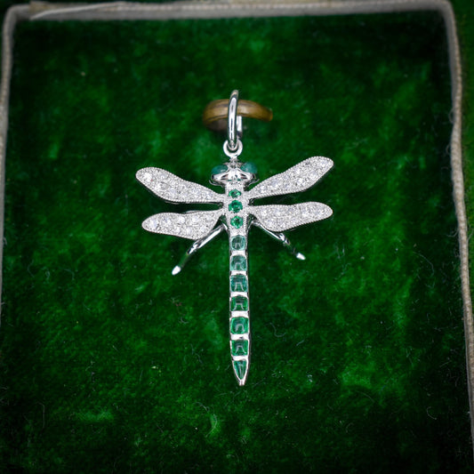 Emerald and Diamond Platinum Dragonfly Insect Pendant
