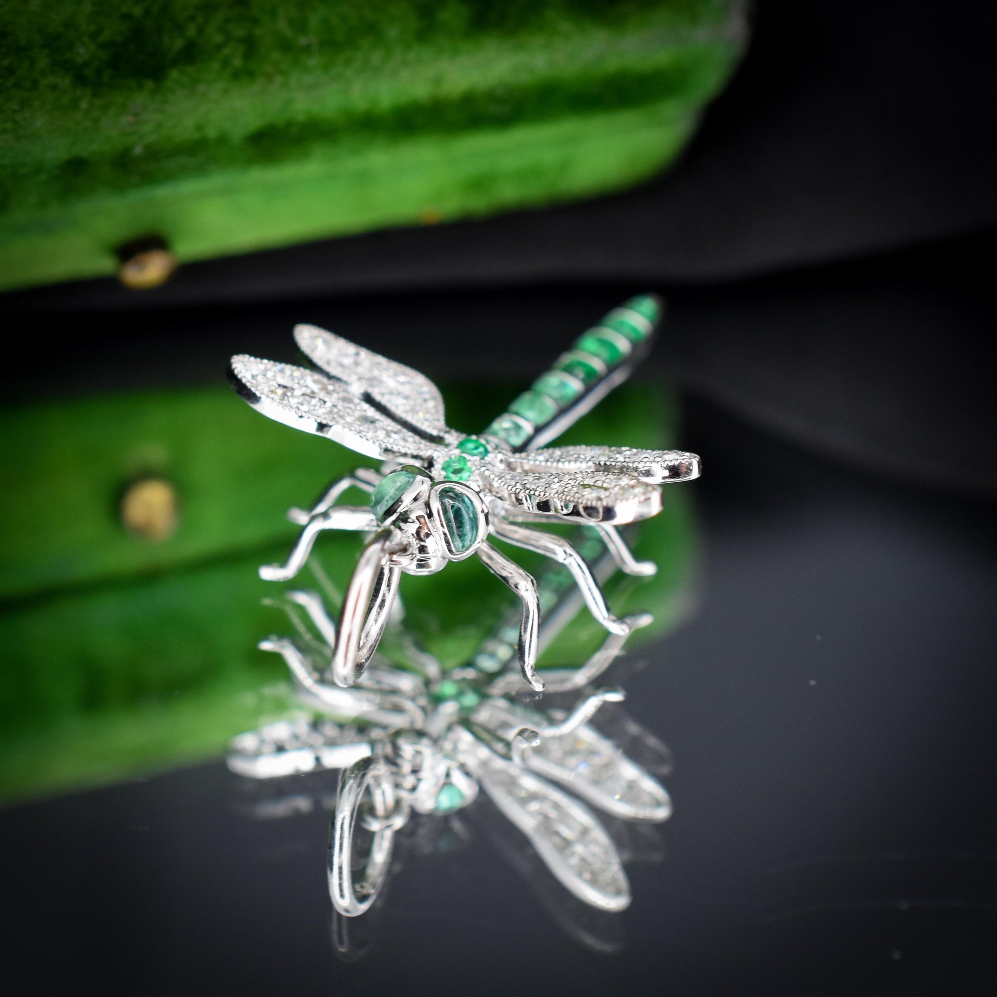 Emerald and Diamond Platinum Dragonfly Insect Pendant