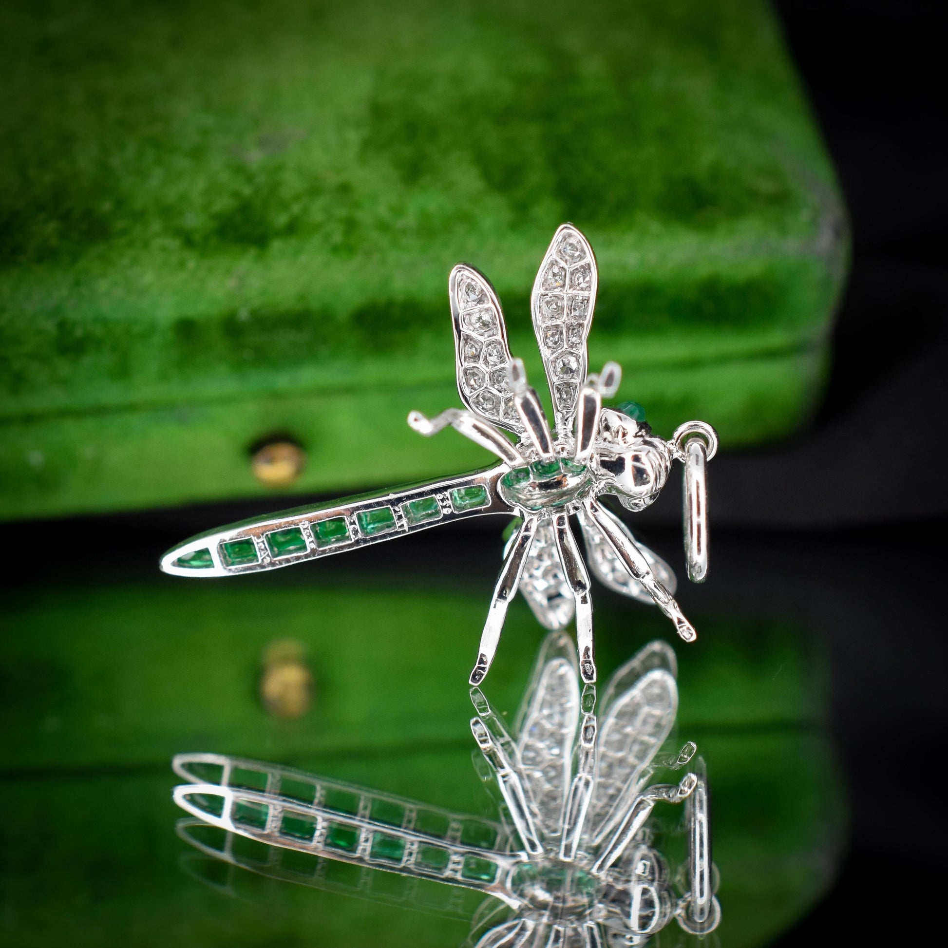 Emerald and Diamond Platinum Dragonfly Insect Pendant