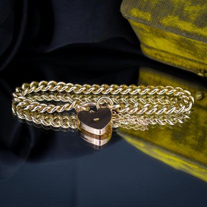 Antique Heart Padlock Curb 9ct Gold Bracelet | 7.5"