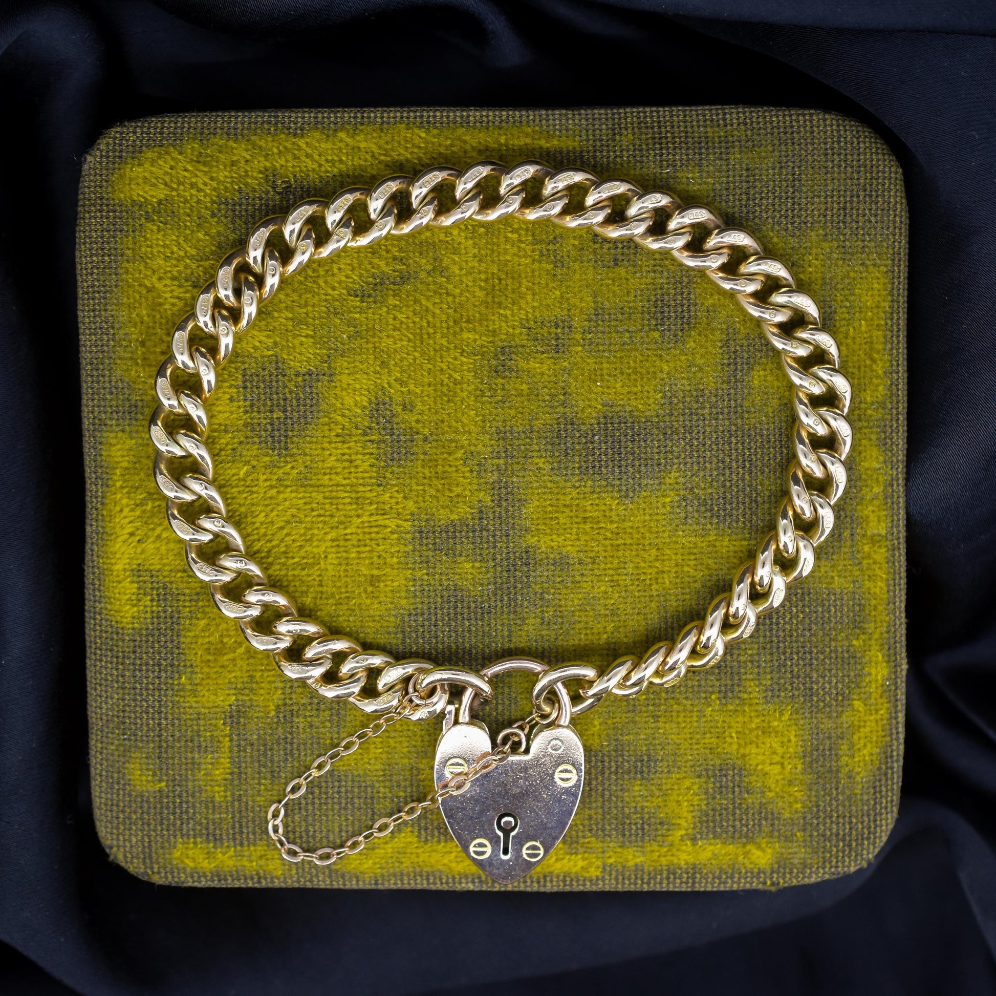 Antique Heart Padlock Curb 9ct Gold Bracelet | 7.5"