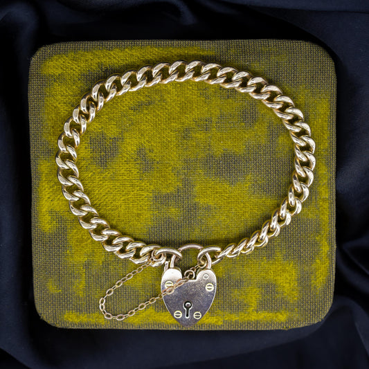 Antique Heart Padlock Curb 9ct Gold Bracelet | 7.5"