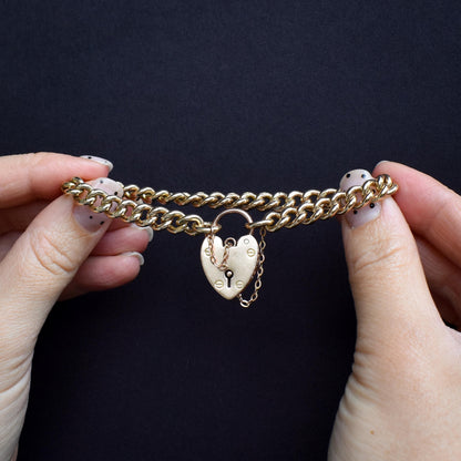 Antique Heart Padlock Curb 9ct Gold Bracelet | 7.5"
