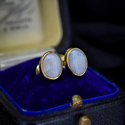 Vintage Natural Opal Oval Yellow Gold Stud Earrings
