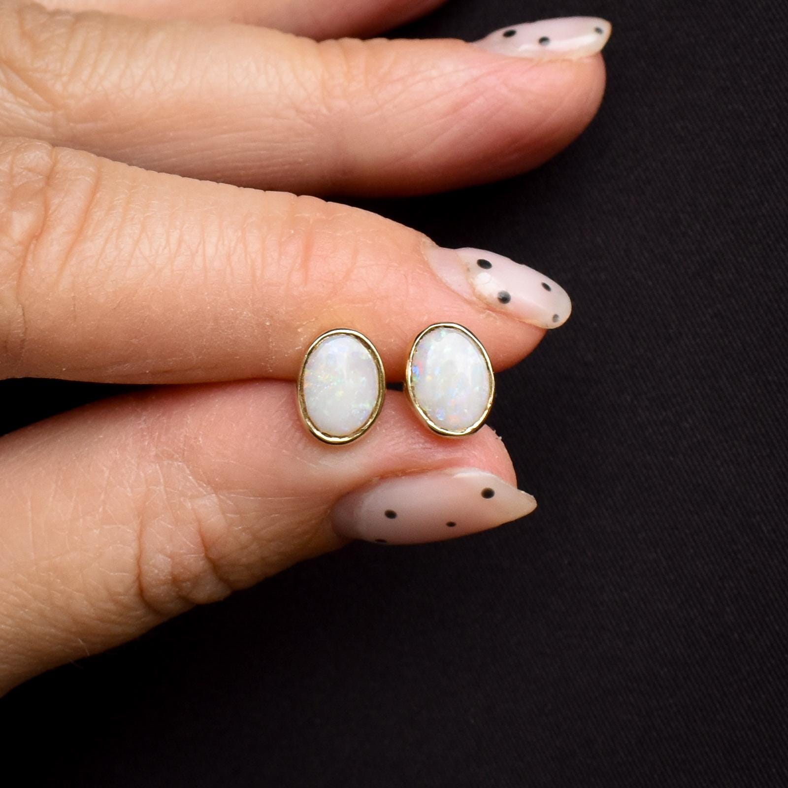 Vintage Natural Opal Oval Yellow Gold Stud Earrings