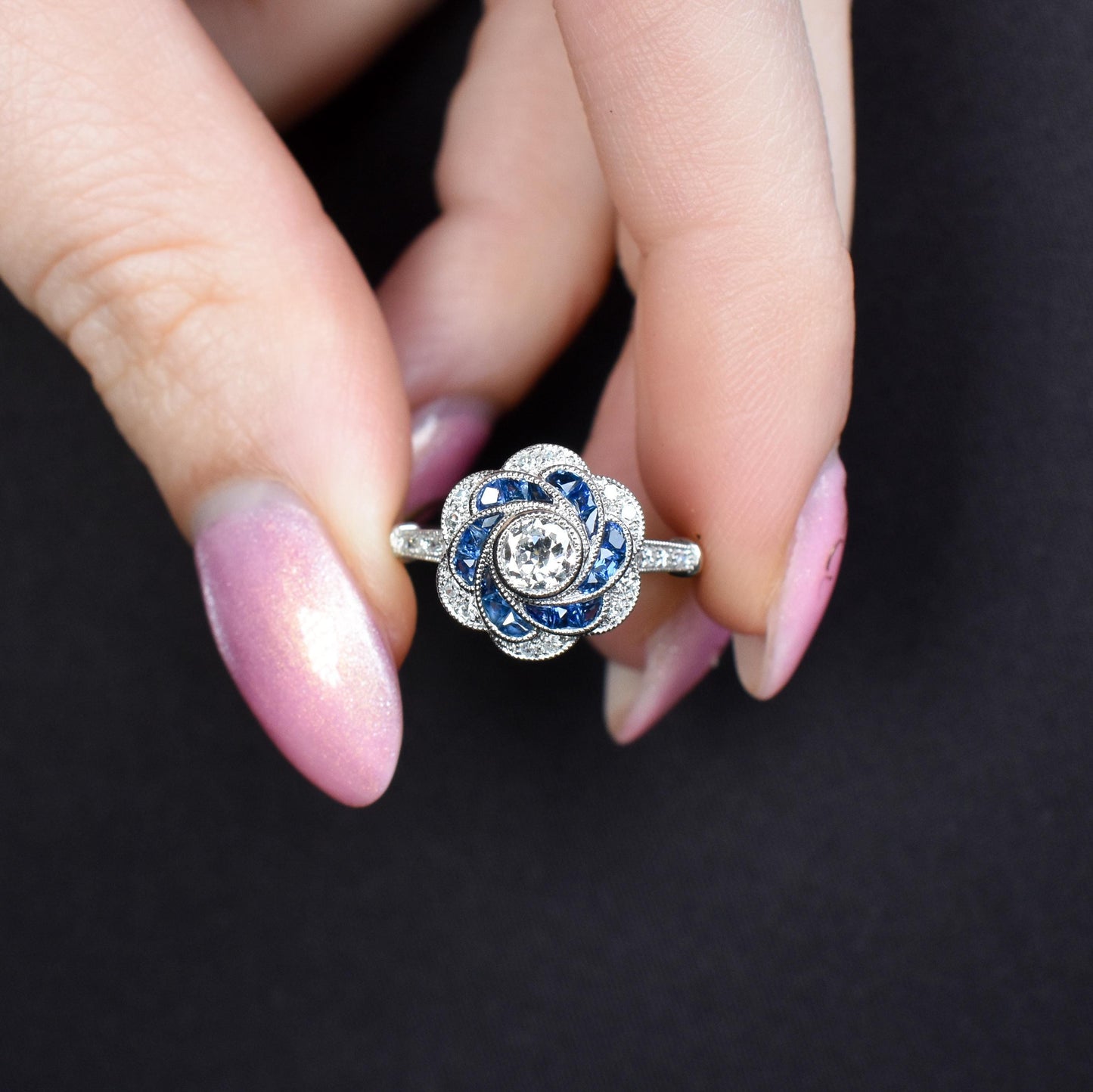 Art Deco Style Sapphire and Old Cut Diamond Flower Cluster Platinum Ring