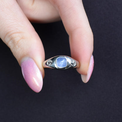 Sugarloaf Star Sapphire and Diamond Three Stone Platinum Band Ring