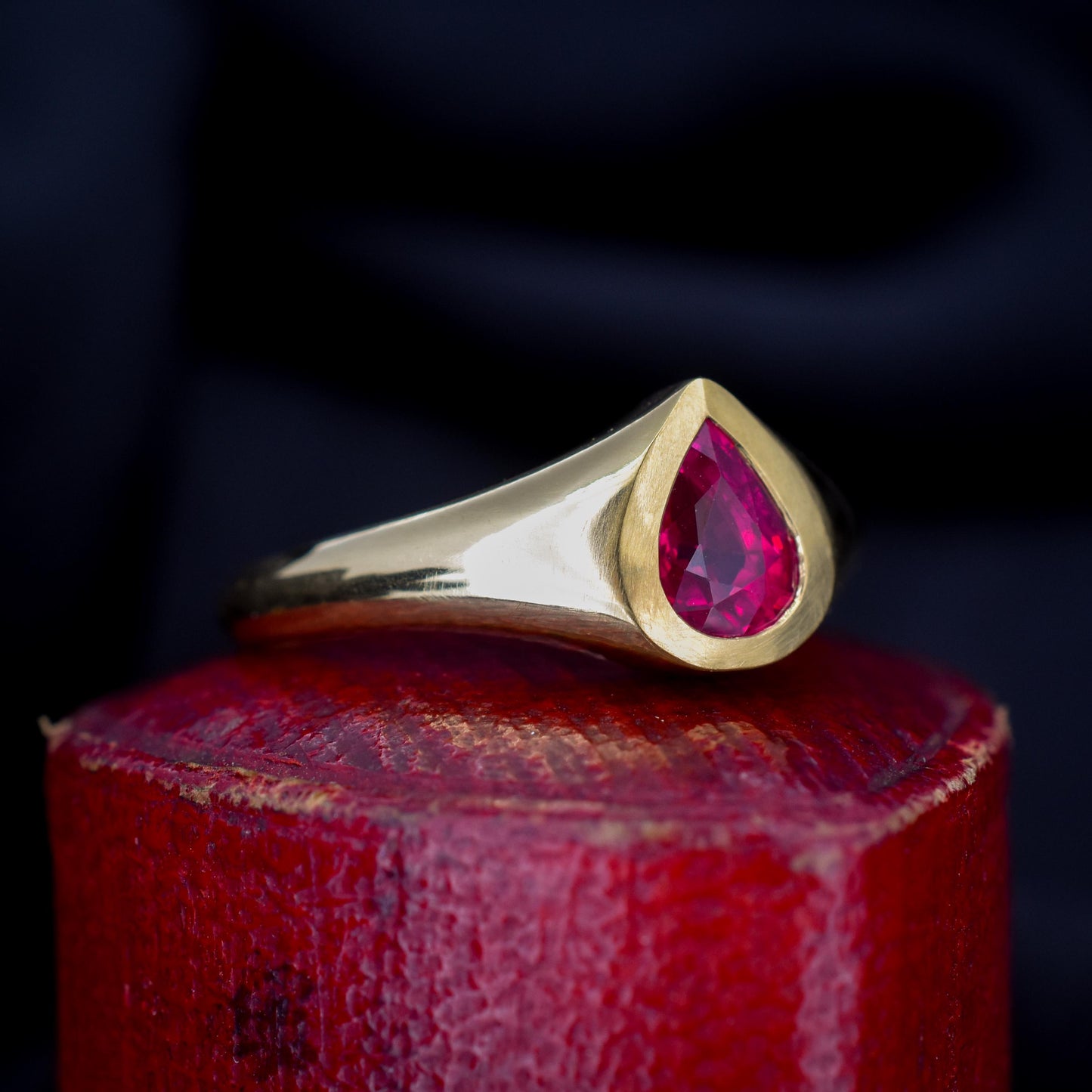 1.1ct Pear Cut Natural Ruby Solitaire 18ct Gold Signet Gypsy Ring