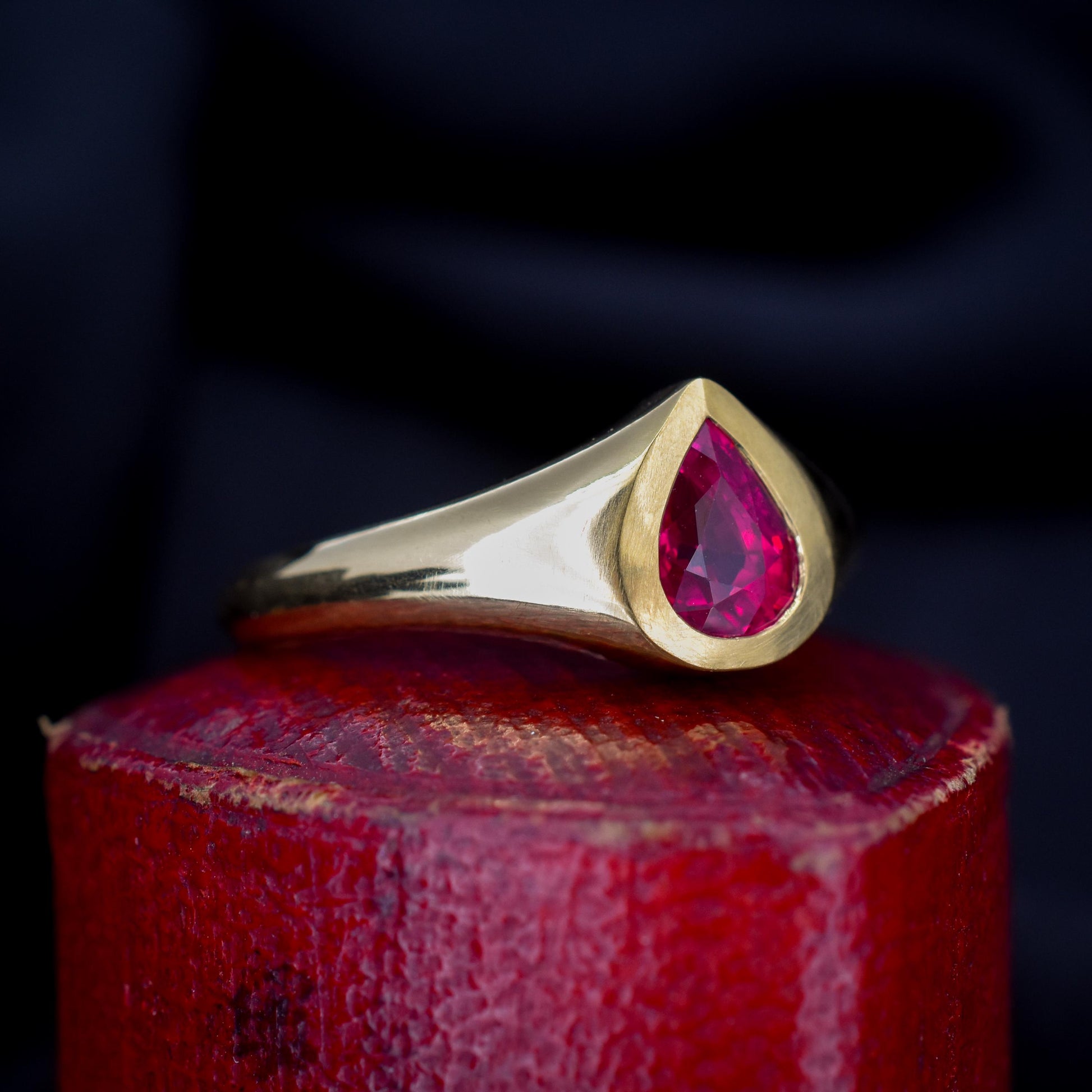 1.1ct Pear Cut Natural Ruby Solitaire 18ct Gold Signet Gypsy Ring