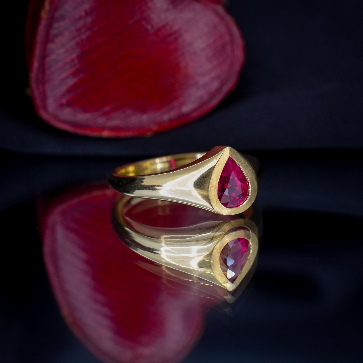 1.1ct Pear Cut Natural Ruby Solitaire 18ct Gold Signet Gypsy Ring
