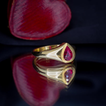 1.1ct Pear Cut Natural Ruby Solitaire 18ct Gold Signet Gypsy Ring