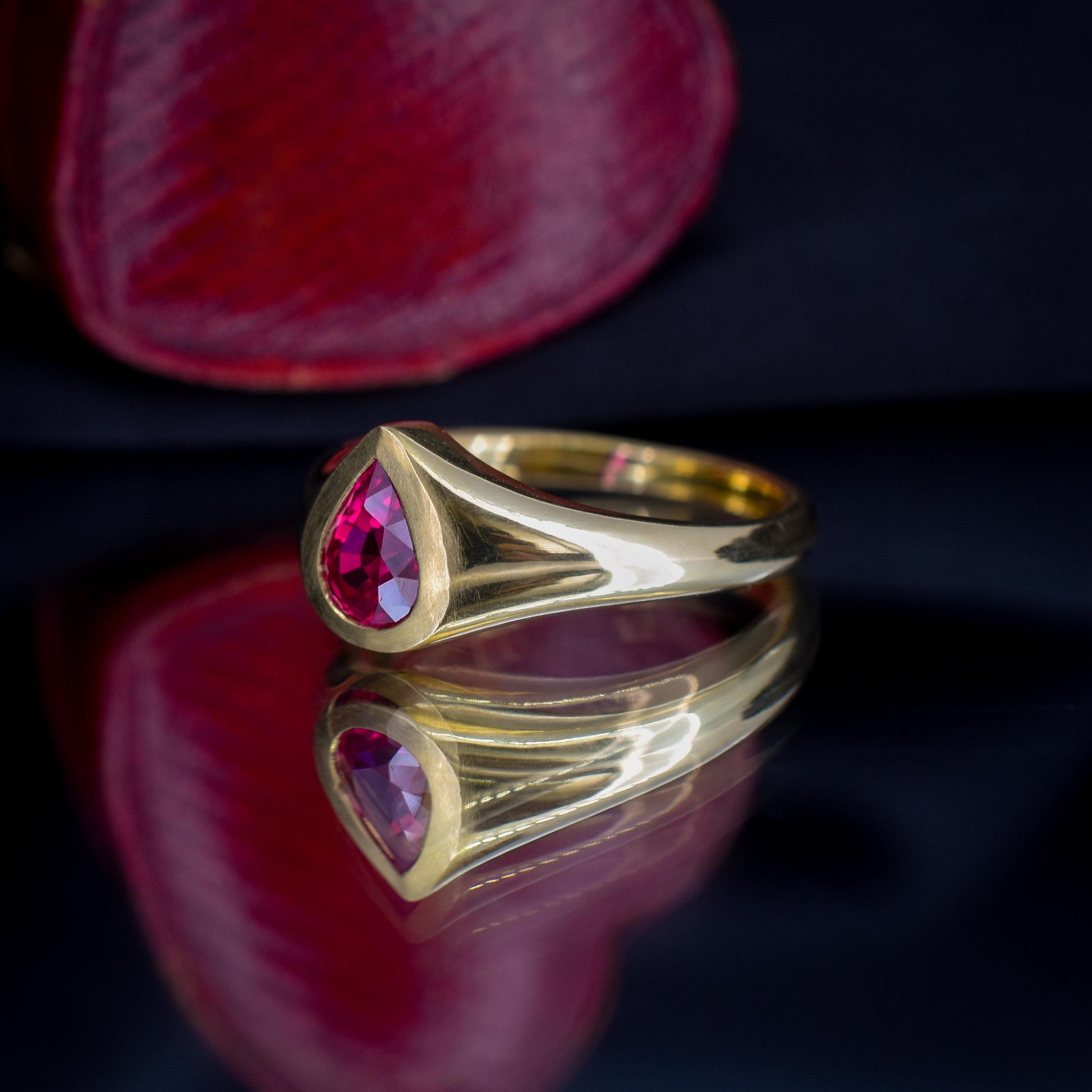 1.1ct Pear Cut Natural Ruby Solitaire 18ct Gold Signet Gypsy Ring