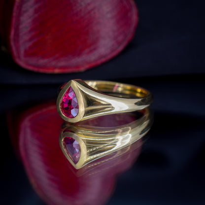 1.1ct Pear Cut Natural Ruby Solitaire 18ct Gold Signet Gypsy Ring