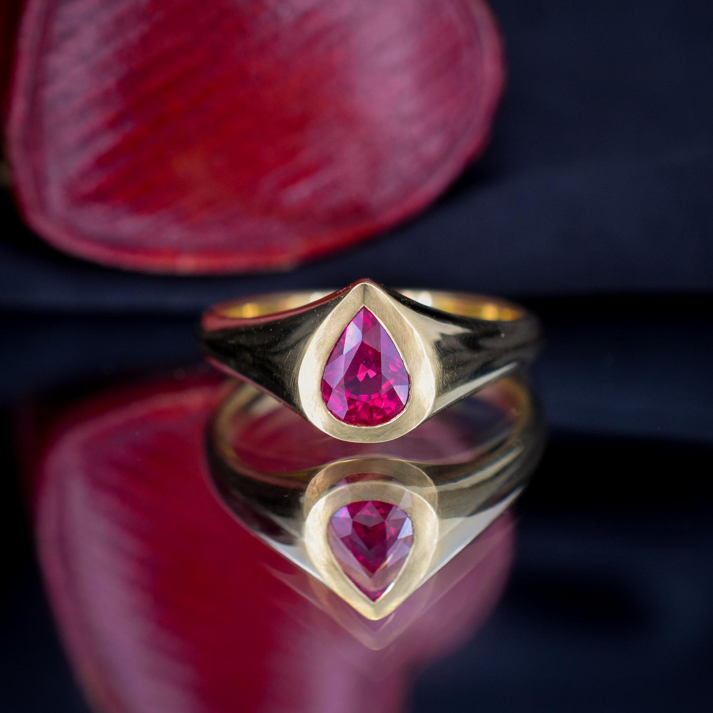 1.1ct Pear Cut Natural Ruby Solitaire 18ct Gold Signet Gypsy Ring