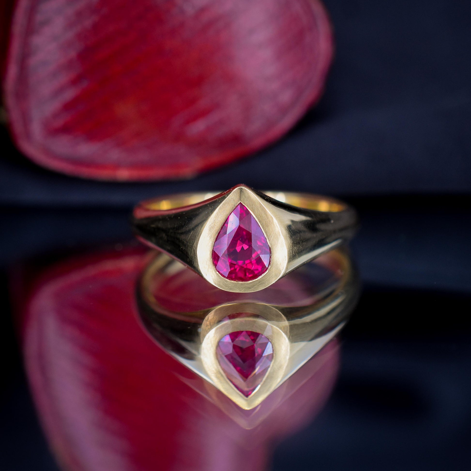 1.1ct Pear Cut Natural Ruby Solitaire 18ct Gold Signet Gypsy Ring
