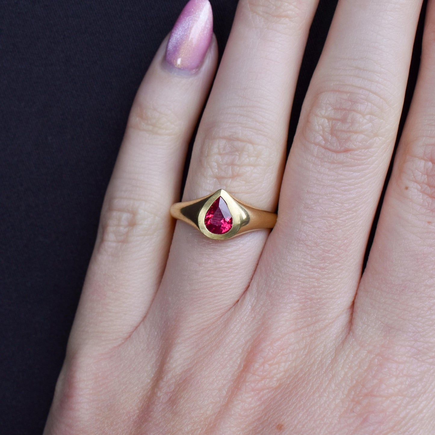 1.1ct Pear Cut Natural Ruby Solitaire 18ct Gold Signet Gypsy Ring