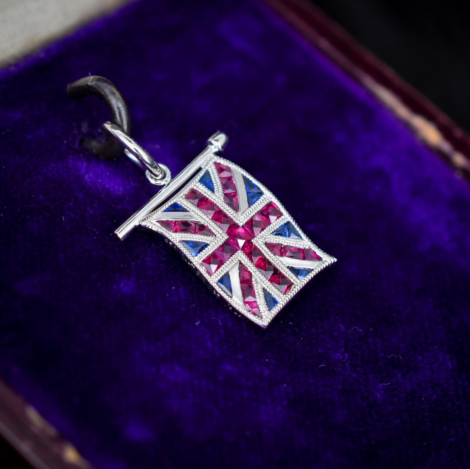 Ruby Sapphire Great British GB UK Flag Union Jack Platinum Charm Pendant