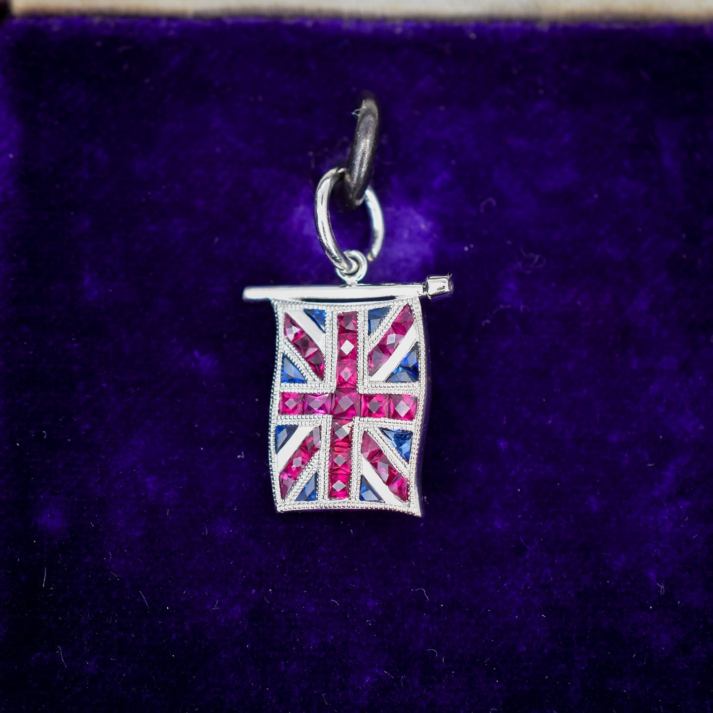 Ruby Sapphire Great British GB UK Flag Union Jack Platinum Charm Pendant