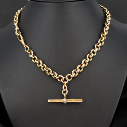 Antique '1879' 9ct Gold Round Link Albert Chain with T-Bar and Double Dog Clips | 16"