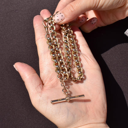 Antique '1879' 9ct Gold Round Link Albert Chain with T-Bar and Double Dog Clips | 16"