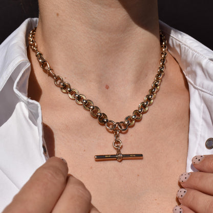 Antique '1879' 9ct Gold Round Link Albert Chain with T-Bar and Double Dog Clips | 16"