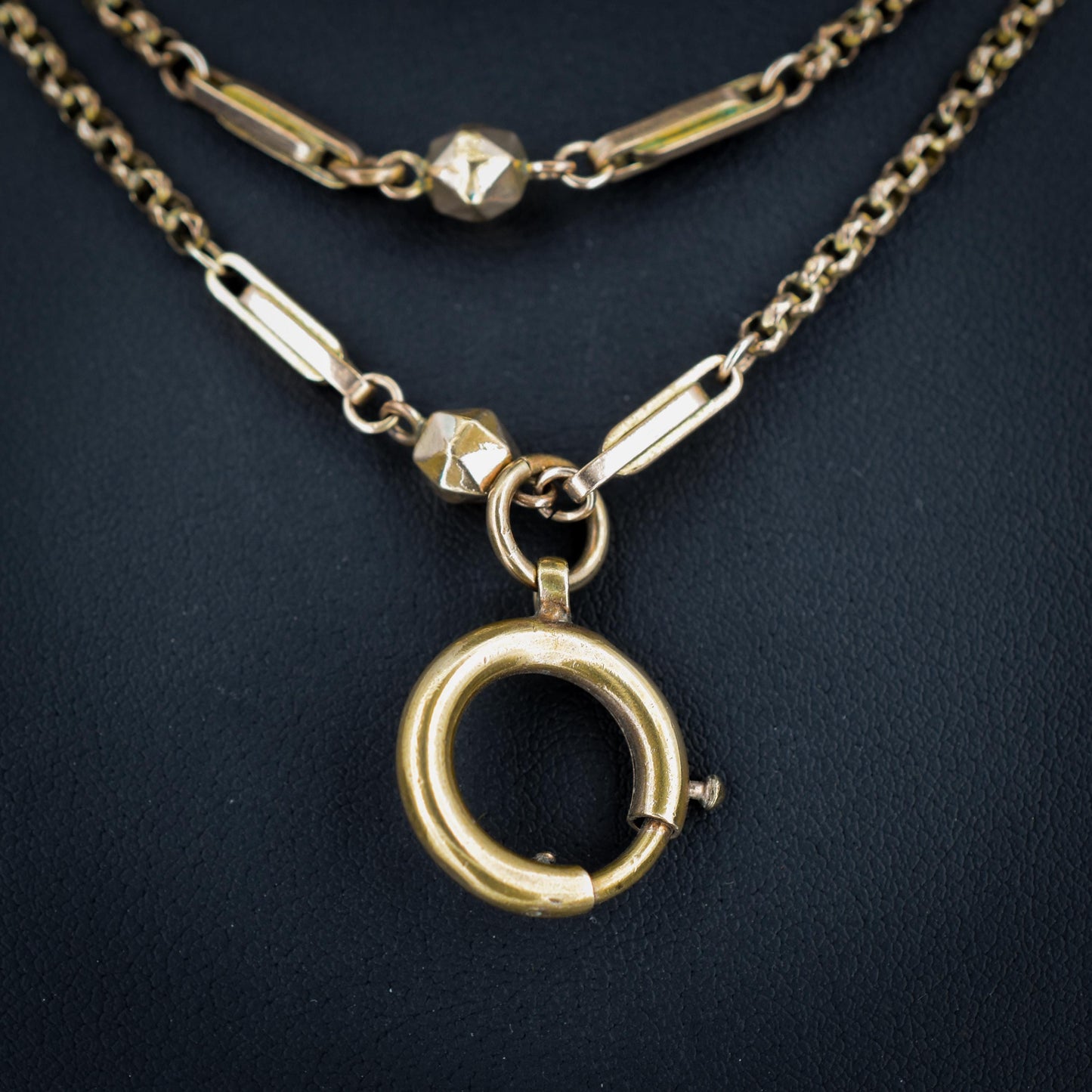 Antique Rolled Gold Fancy Guard Muff Chain Necklace with Large Bolt Ring | 49"