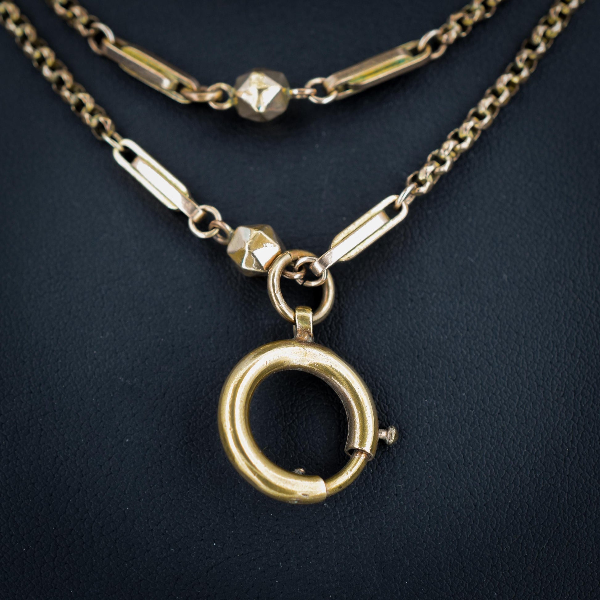 Antique Rolled Gold Fancy Guard Muff Chain Necklace with Large Bolt Ring | 49"