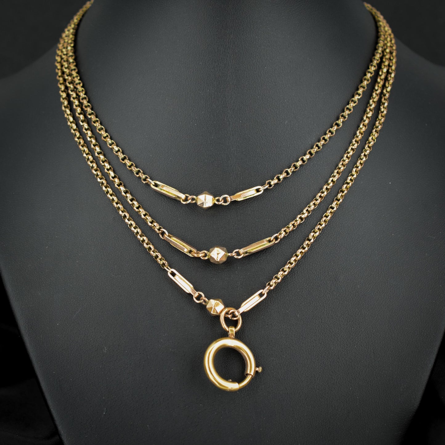 Antique Rolled Gold Fancy Guard Muff Chain Necklace with Large Bolt Ring | 49"