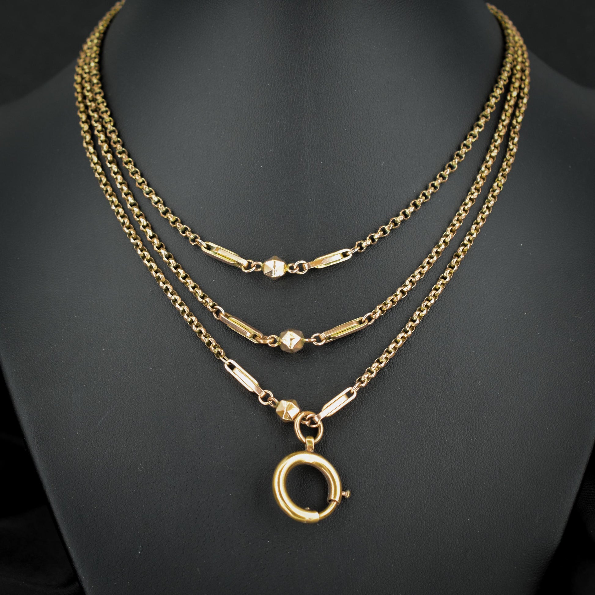 Antique Rolled Gold Fancy Guard Muff Chain Necklace with Large Bolt Ring | 49"