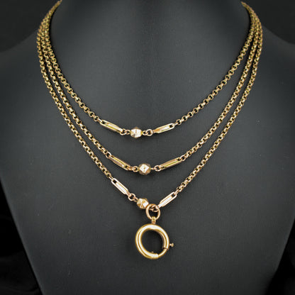 Antique Rolled Gold Fancy Guard Muff Chain Necklace with Large Bolt Ring | 49"
