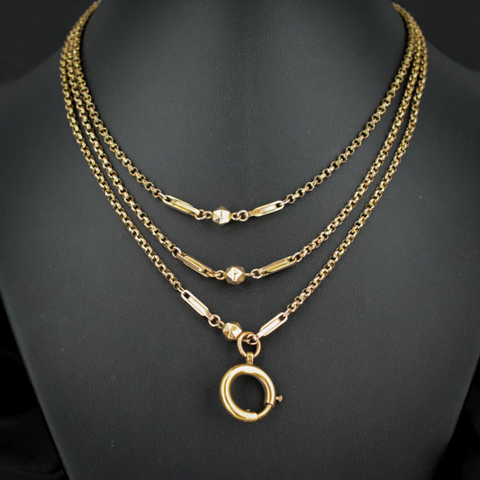 Antique Rolled Gold Fancy Guard Muff Chain Necklace with Large Bolt Ring | 49"