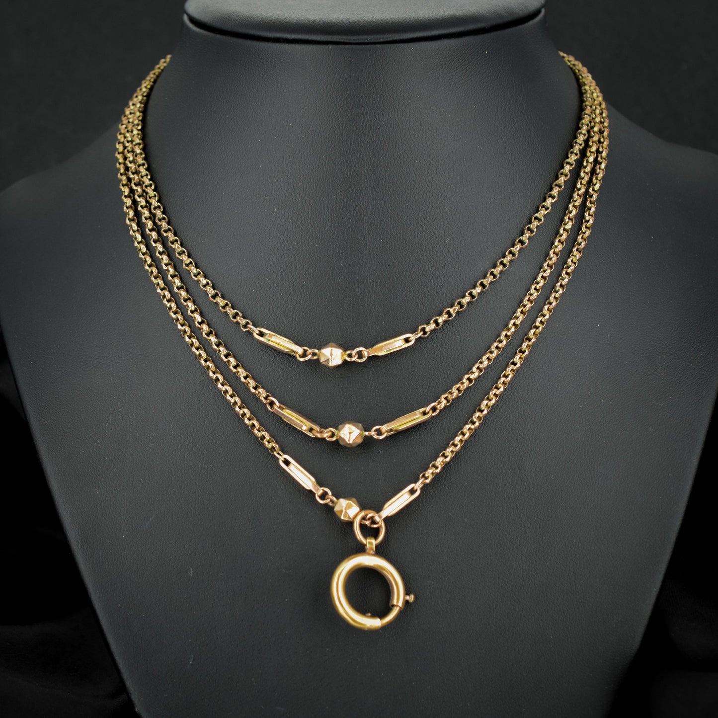 Antique Rolled Gold Fancy Guard Muff Chain Necklace with Large Bolt Ring | 49"