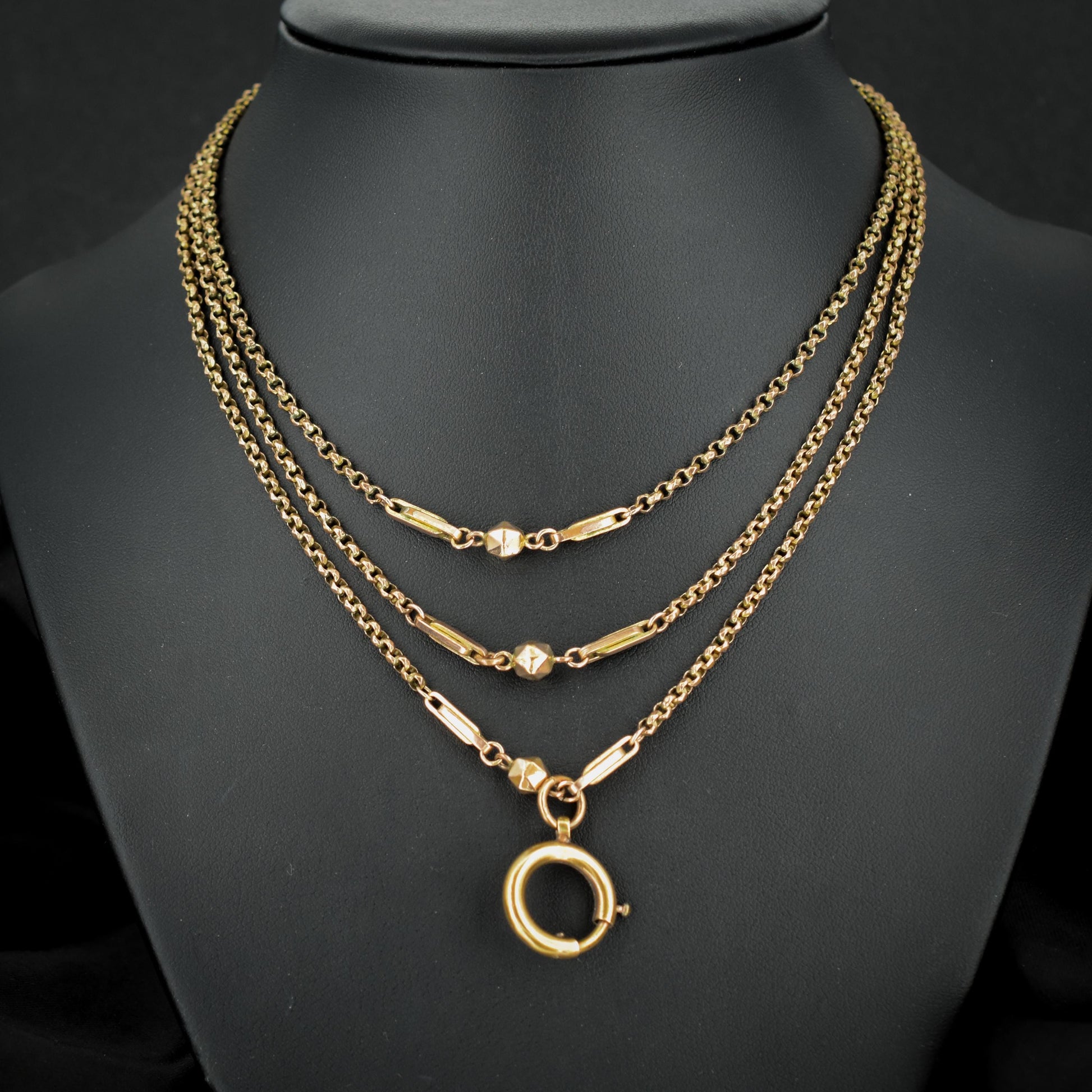 Antique Rolled Gold Fancy Guard Muff Chain Necklace with Large Bolt Ring | 49"