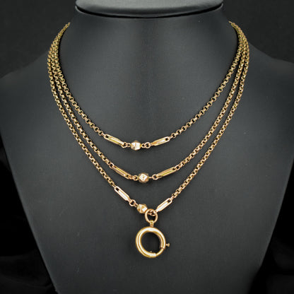 Antique Rolled Gold Fancy Guard Muff Chain Necklace with Large Bolt Ring | 49"