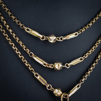 Antique Rolled Gold Fancy Guard Muff Chain Necklace with Large Bolt Ring | 49"