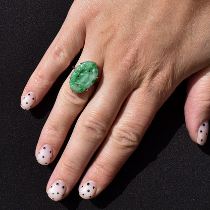 Art Deco Carved Jade 9ct Gold Panel Ring | Antique Vintage