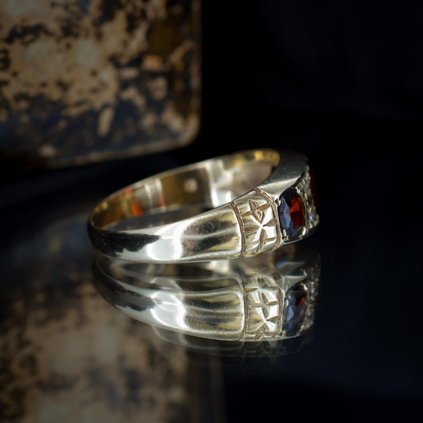 Vintage Garnet and Diamond 9ct Yellow Gold Three Stone Ring Band