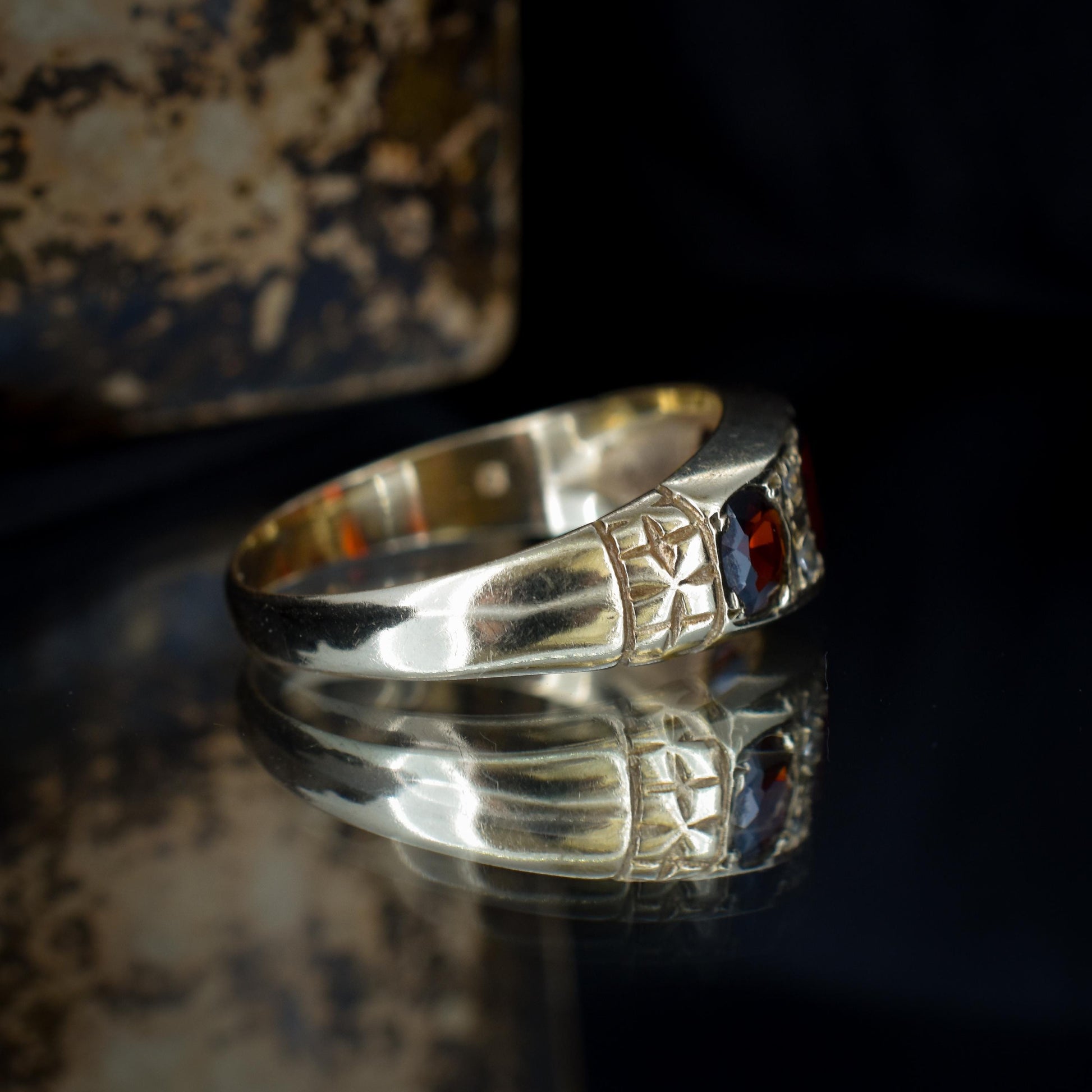 Vintage Garnet and Diamond 9ct Yellow Gold Three Stone Ring Band