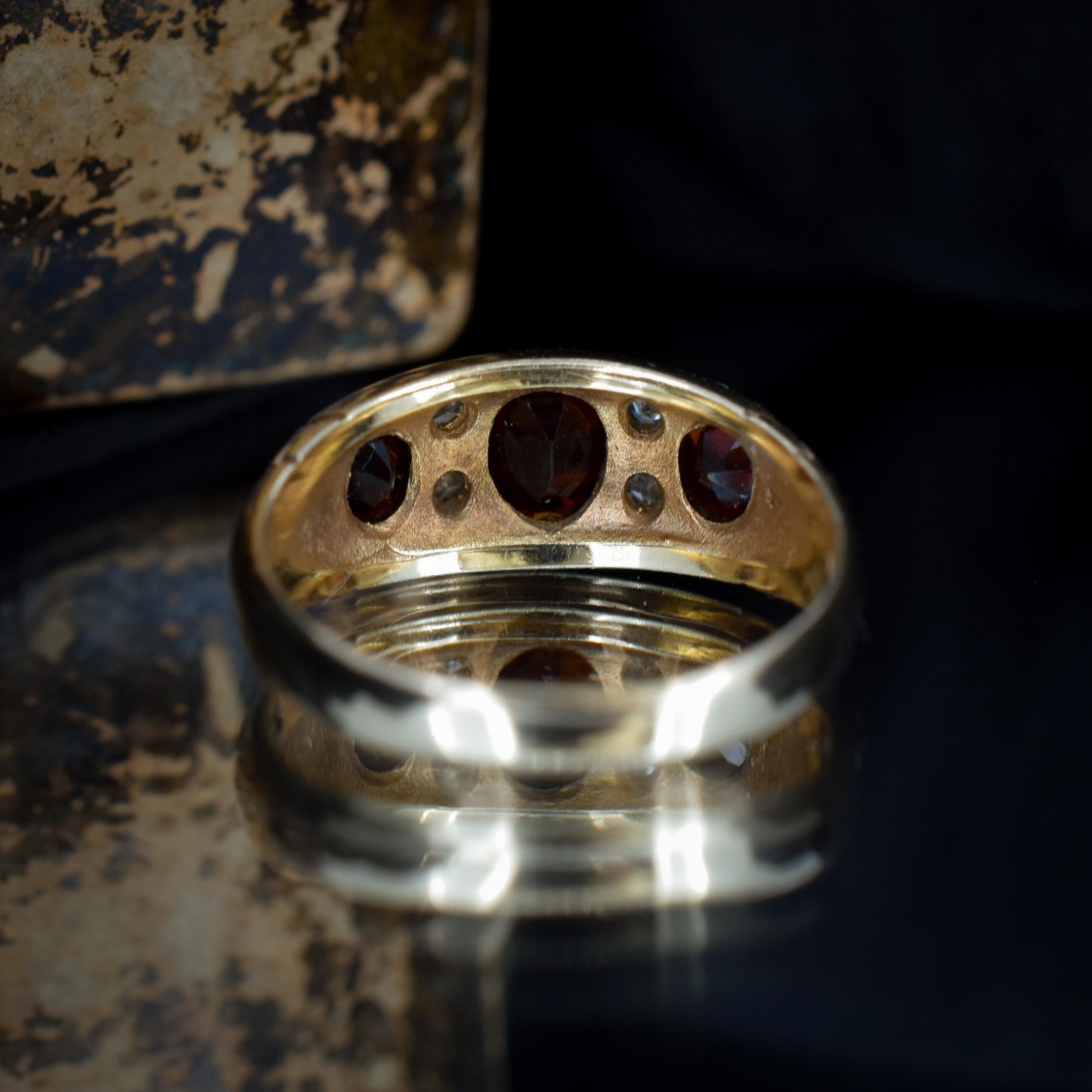 Vintage Garnet and Diamond 9ct Yellow Gold Three Stone Ring Band