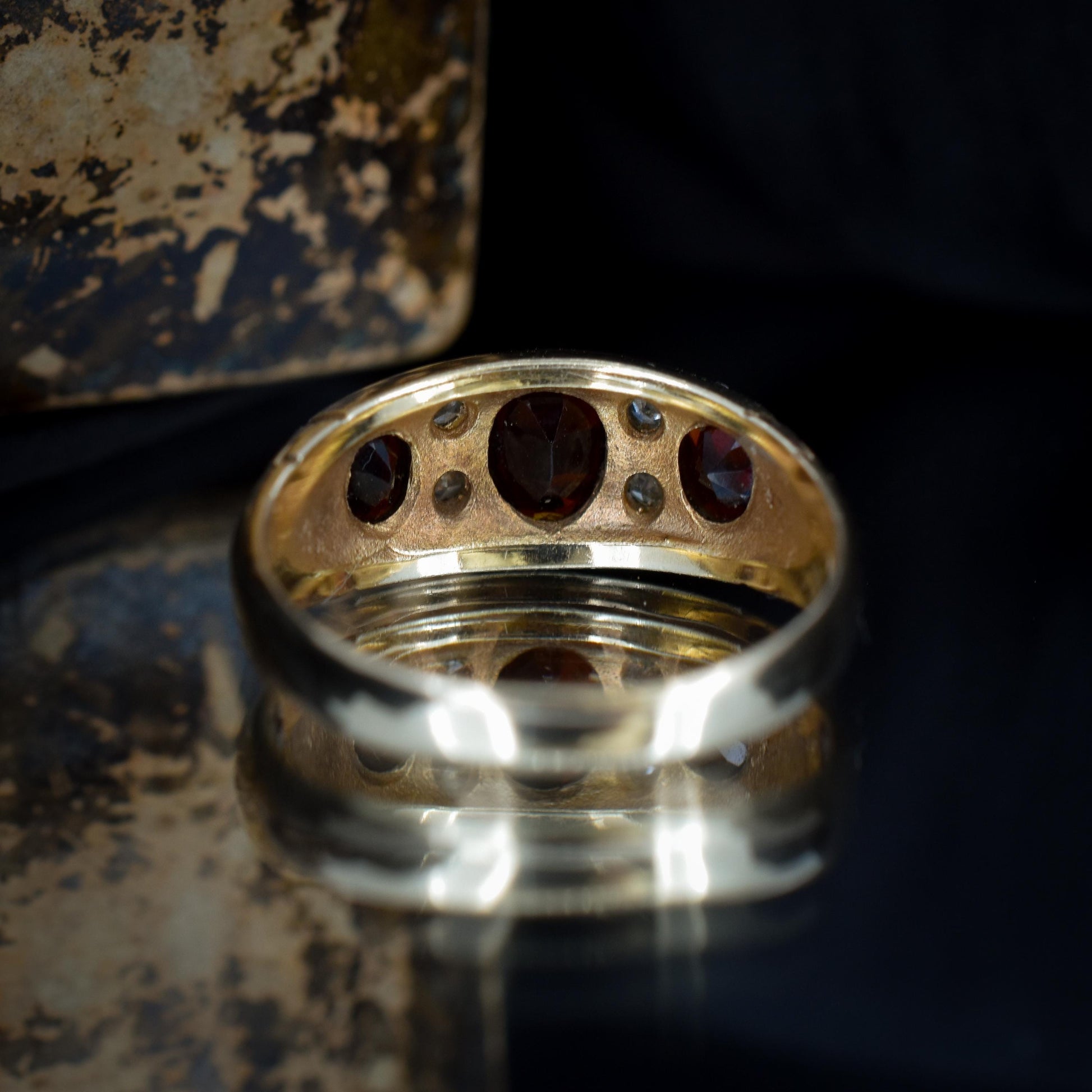 Vintage Garnet and Diamond 9ct Yellow Gold Three Stone Ring Band