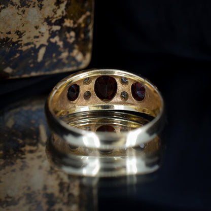 Vintage Garnet and Diamond 9ct Yellow Gold Three Stone Ring Band