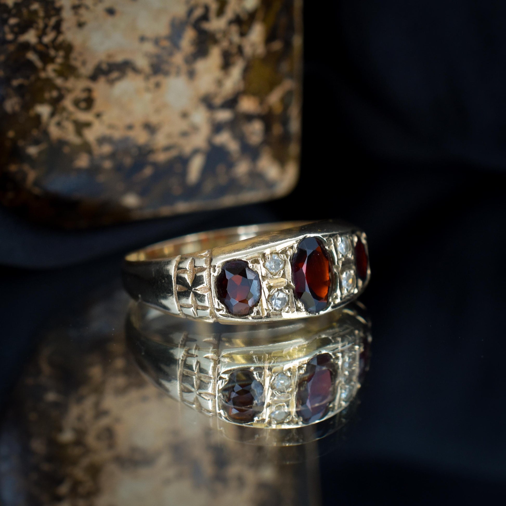 Vintage Garnet and Diamond 9ct Yellow Gold Three Stone Ring Band